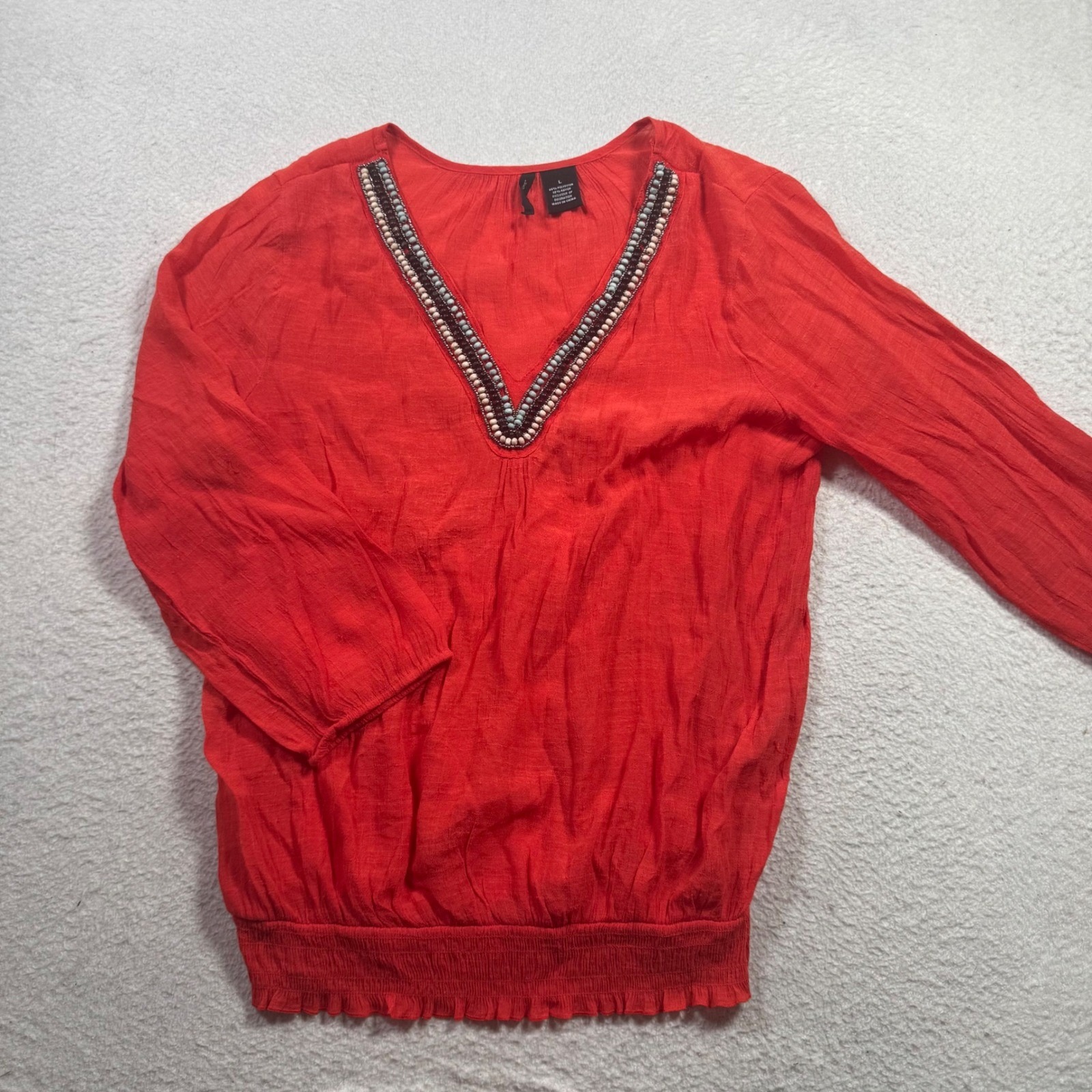 New Directions Blouse Womens Large Red Good Beaded V-Neck Smocked Boho Peasant